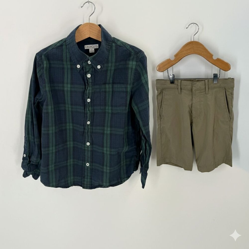 Crewcuts Boys‎ Size 7 Outfit Set Plaid Button Down Shirt Khaki Chino Shorts
